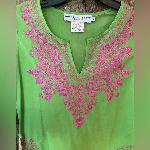 Gretchen Scott Designs Sz S Lime Green Fuschia Pink Heavy Embroidered Tunic - Picture 3 of 9